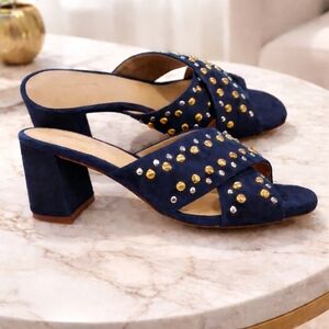 Ann Taylor Navy Mules with Gold and Silver Studs